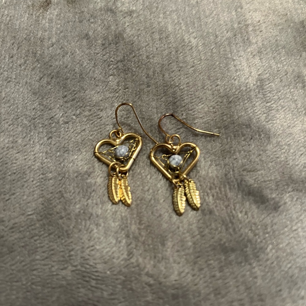 Heart-Shaped Gold Tone Earrings with feathers